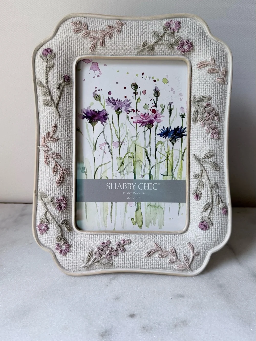 Shabby Chic Cream Frame with Pink and Green Embroidery 4”x6” photo